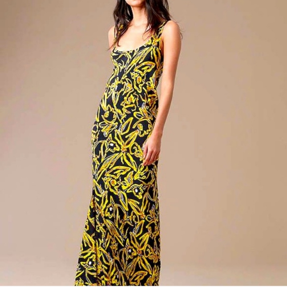 DVF Diane von Furstenberg Sleeveless Bias Slip Gown Black Yellow Silk Dress Maxi